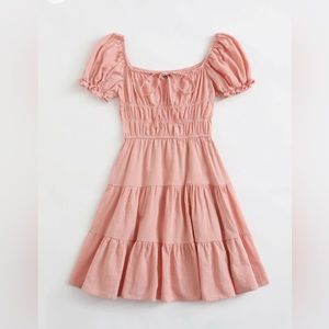 XS Tie Neck Ruched Bust Puff Sleeve Tiered Pink Dress From SHEIN